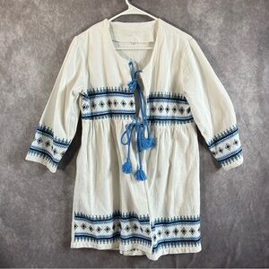 Embroidered Babydoll Tunic Women Medium White Blue Tassel Tie Front Hippie Boho